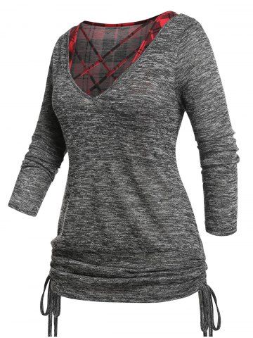 Plus Size Heathered Cinched T-shirt and Crisscross Plaid Crop Top