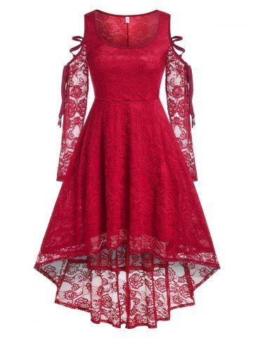 Plus Size Lace Up Cold Shoulder High Low Lace Dress - RED - L