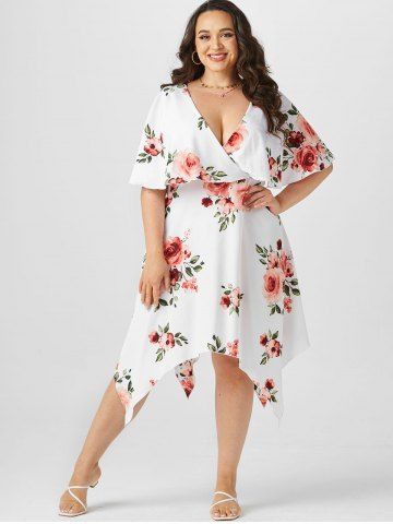Plus Size & Curve Plunge Ruffled Floral Print Handkerchief Midi Dress