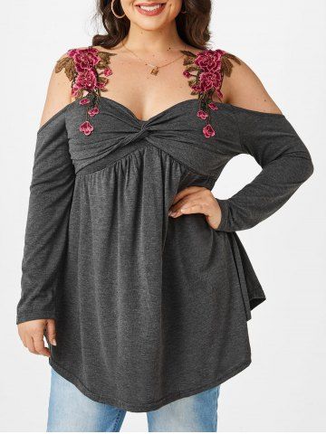 Plus Size Embroidered Flower Cold Shoulder T Shirt - GRAY - 1X