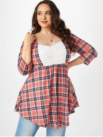Plus Size Plaid Ruched Bust Curved Hem Tunic Tee
