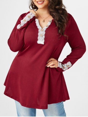 Plus Size Buttoned Lace Panel T-shirt - DEEP RED - 3X
