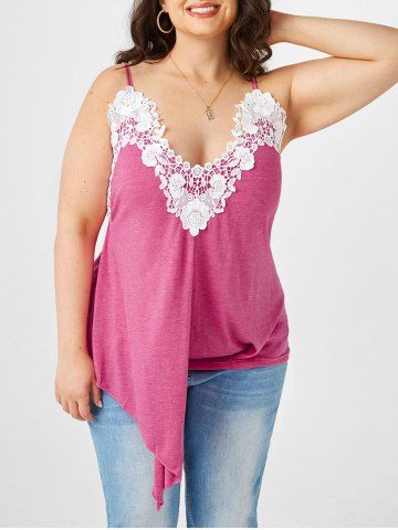 Plus Size Lace Applique Asymmetric Cami Tank Top - LIGHT PINK - L