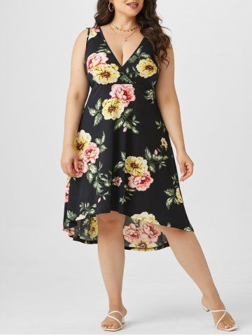 Plus Size Cottagecore Floral Print High Low Plunge Midi Dress - BLACK - 2X