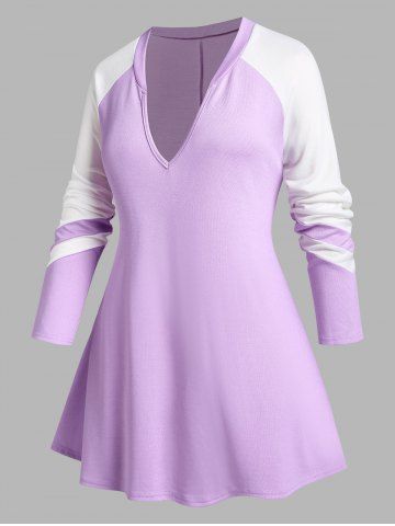 Plus Size Plunge Raglan Sleeve Two Tone T-shirt