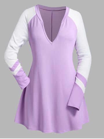 Plus Size Plunge Raglan Sleeve Two Tone T-shirt