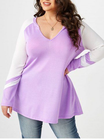 T-shirt Bicolore Plongeant de Grande Taille à Manches Raglan - LIGHT PURPLE - L