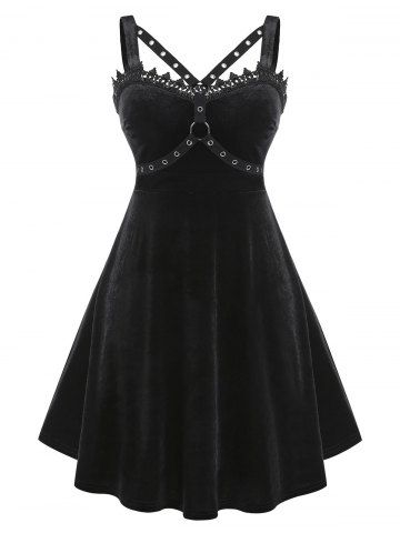 Plus Size Lace Grommet Velour Flare Retro Gothic Dress - BLACK - L