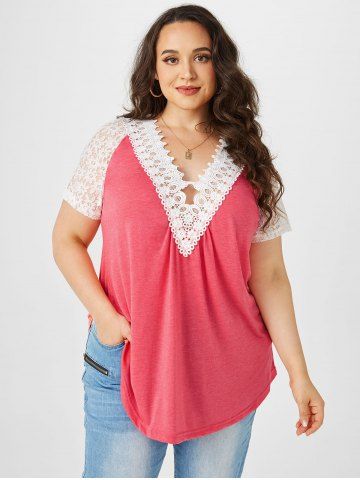 Plus Size Lace Panel Plunging Neck Tee