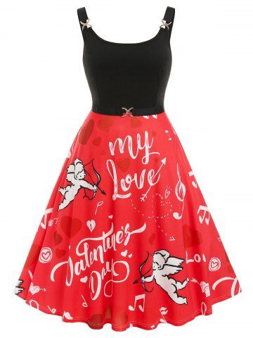 Plus Size Valentine Heart Angel Graphic Midi Backless Vintage Dress - MULTI - 2X