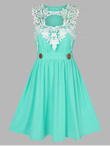 Lace Panel Cutout Mini Flare Dress - LIGHT GREEN - M