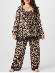 Plus Size Leopard Lace Insert Cinched Pants Set - 1x 