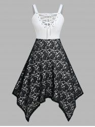 Plus Size Lace Up Handkerchief Midi Lace Dress -  