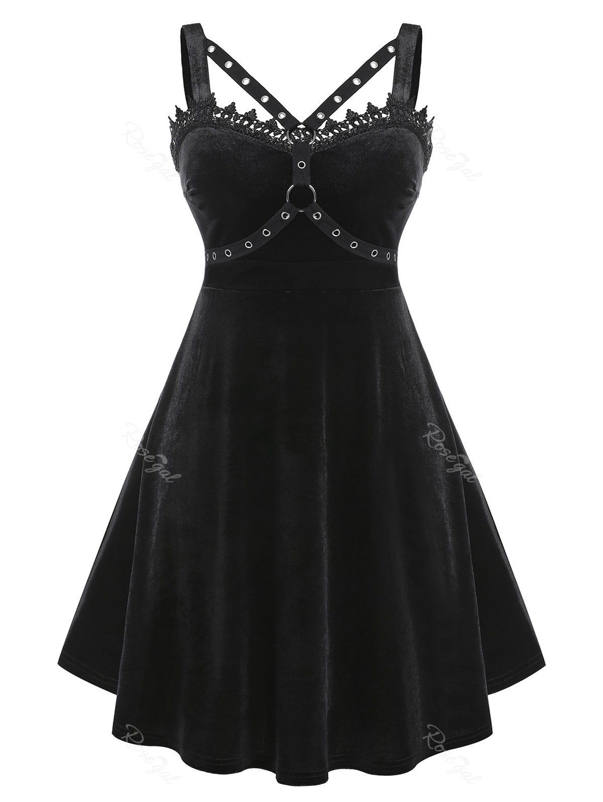 Online Plus Size Lace Grommet Velour Flare Retro Gothic Dress  