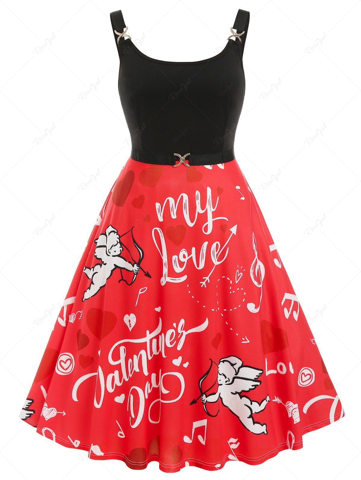 Online Plus Size Valentine Heart Angel Graphic Midi Backless Vintage Dress  
