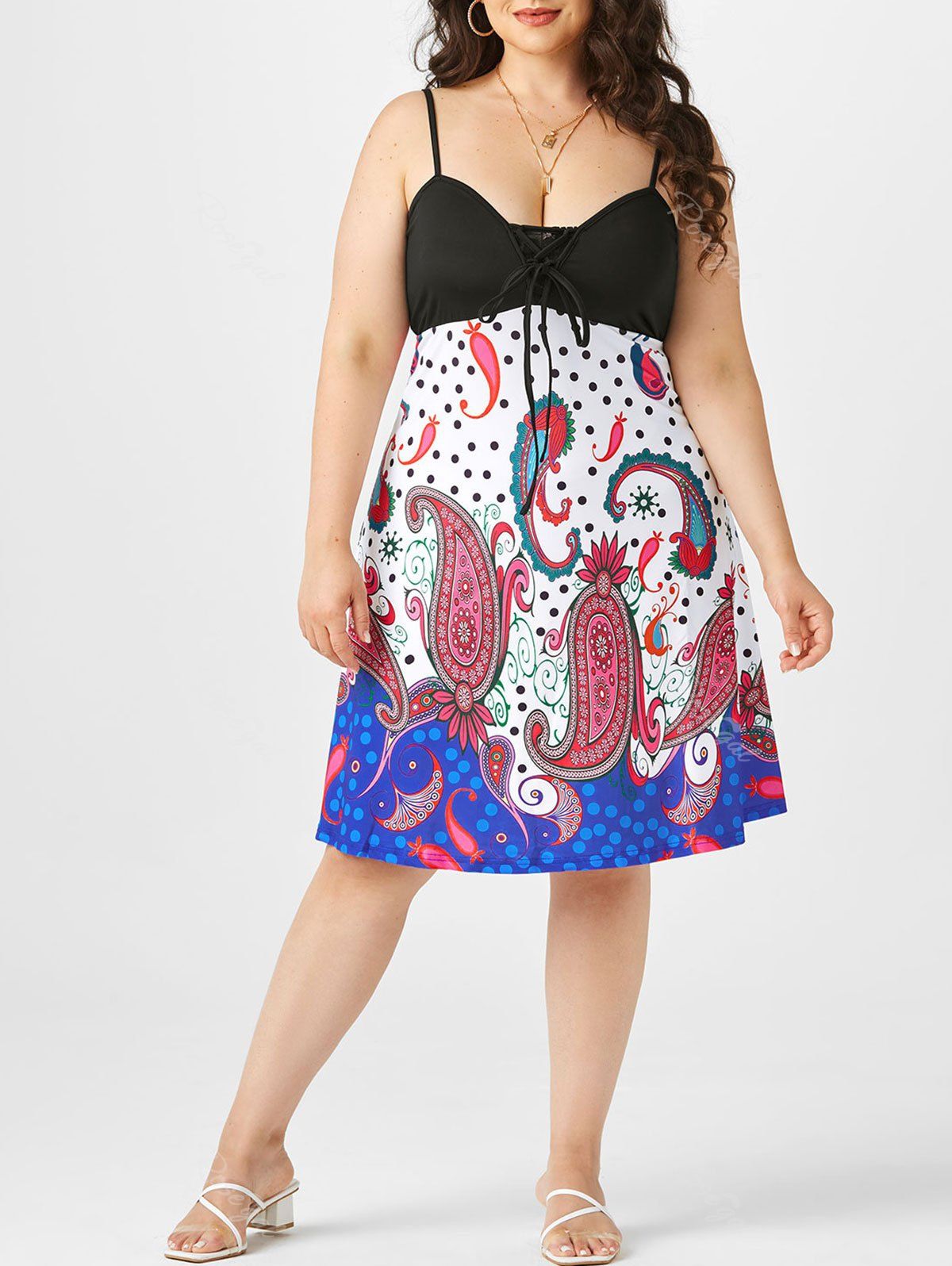 Sale Plus Size Lace Up Paisley Print Slip Dress  