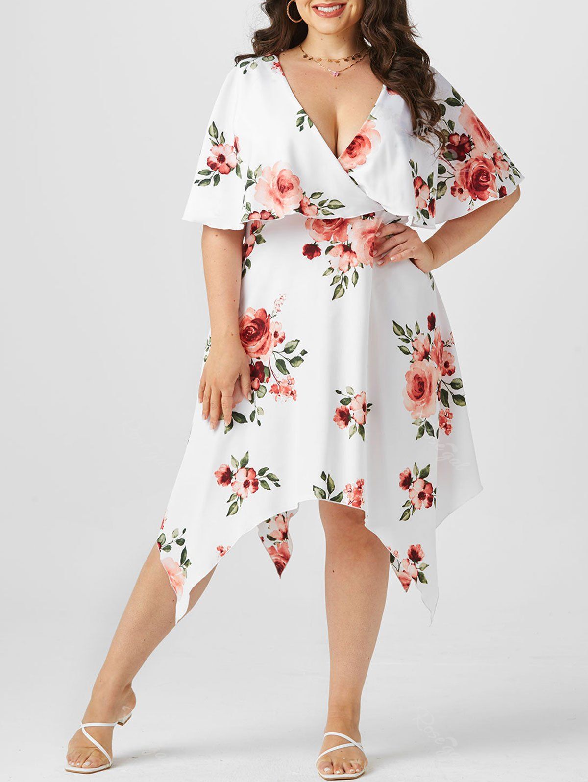 Latest Plus Size & Curve Plunge Ruffled Floral Print Handkerchief Midi Dress  