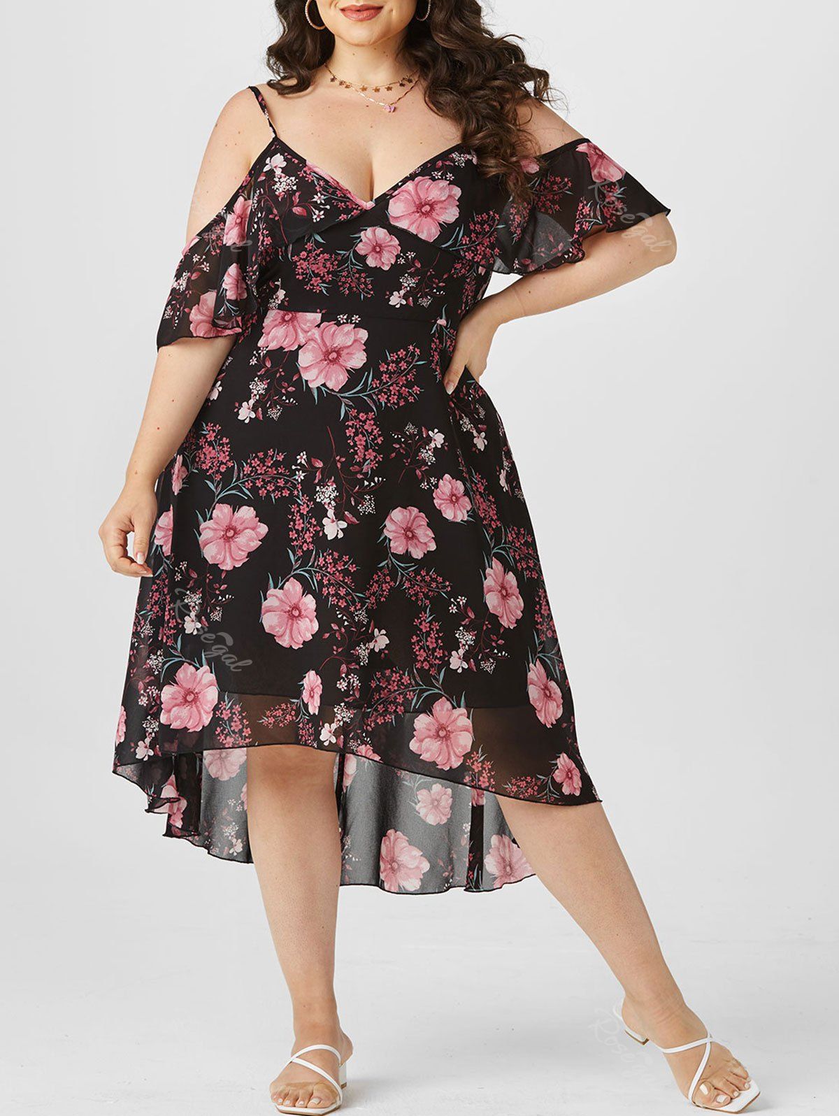 Discount Plus Size & Curve Cold Shoulder Floral Print High Low Midi Dress  