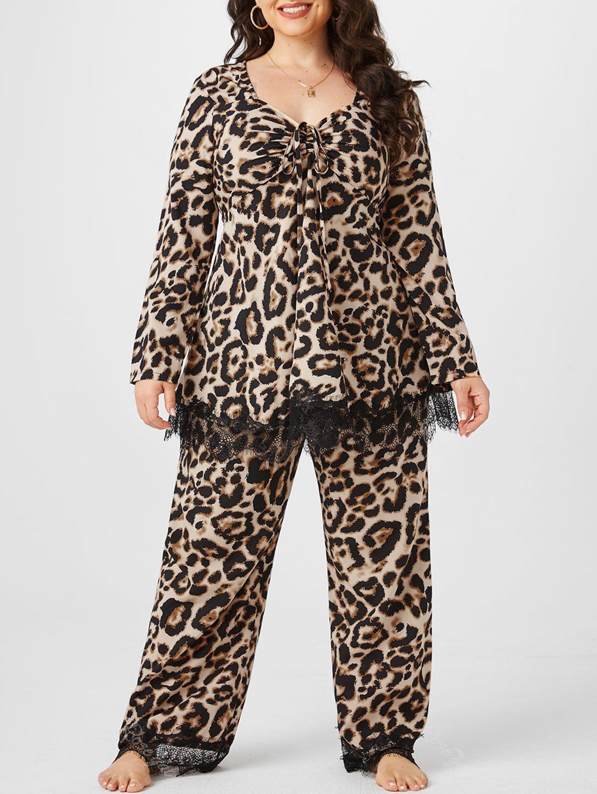 Ensemble de Pantalon Plissé Léopard en Dentelle Insérée Grande Taille café 1X