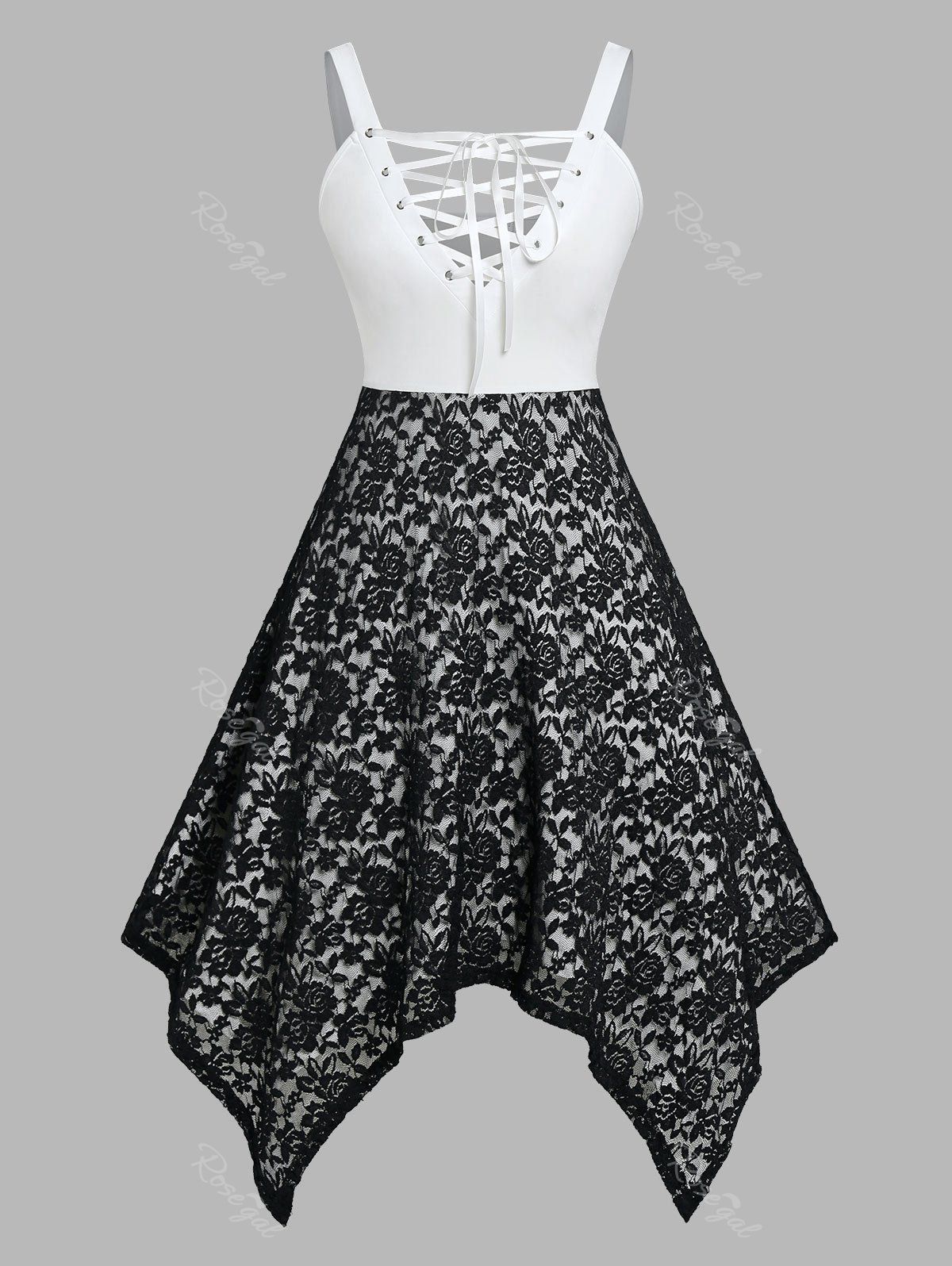 Outfit Plus Size Lace Up Handkerchief Midi Lace Dress  