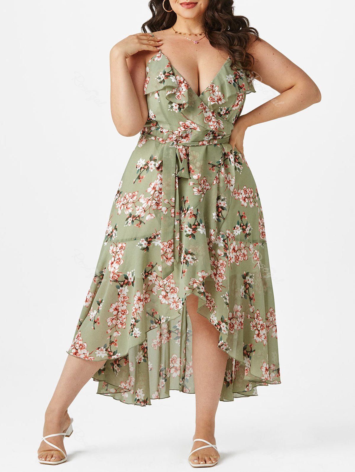 Latest Plus Size Floral Flounce High Low Belted Cami Dress  