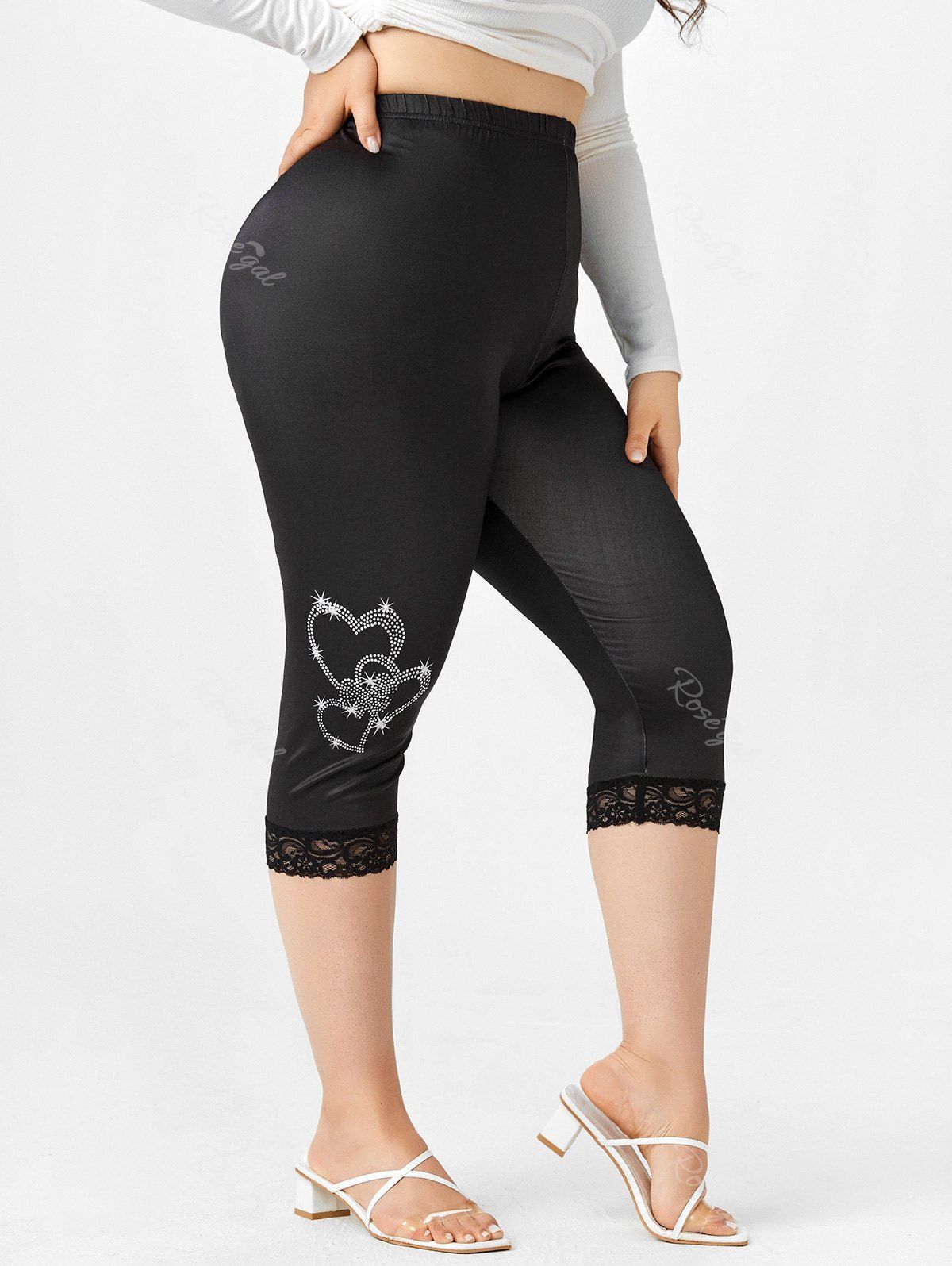 Legging Court Motif de Cœur à Ourlet en Dentelle de Grande Taille Noir 1X