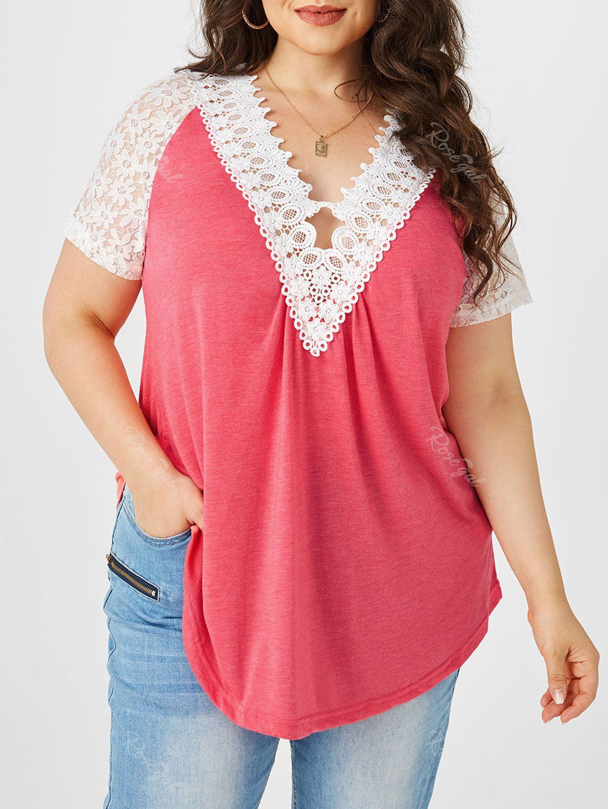 Trendy Plus Size Lace Panel Plunging Neck Tee  