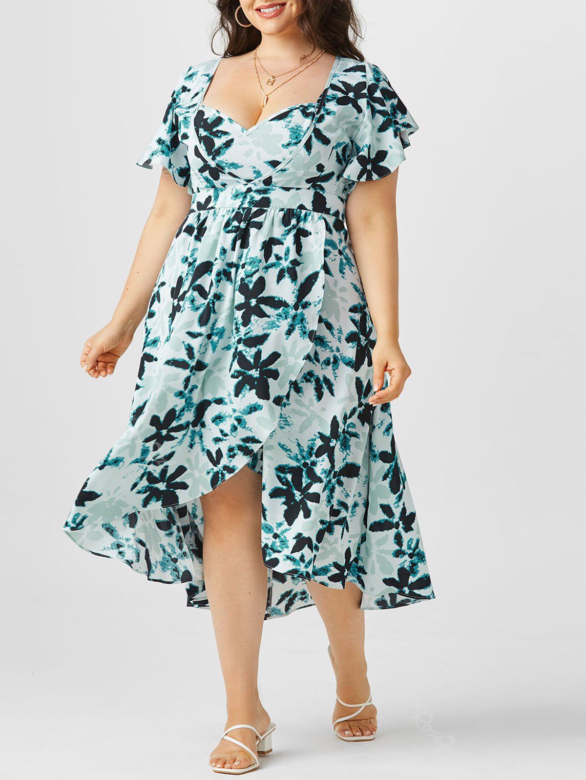 Online Plus Size & Curve  Sweetheart Neck Floral Print High Low Midi Dress  