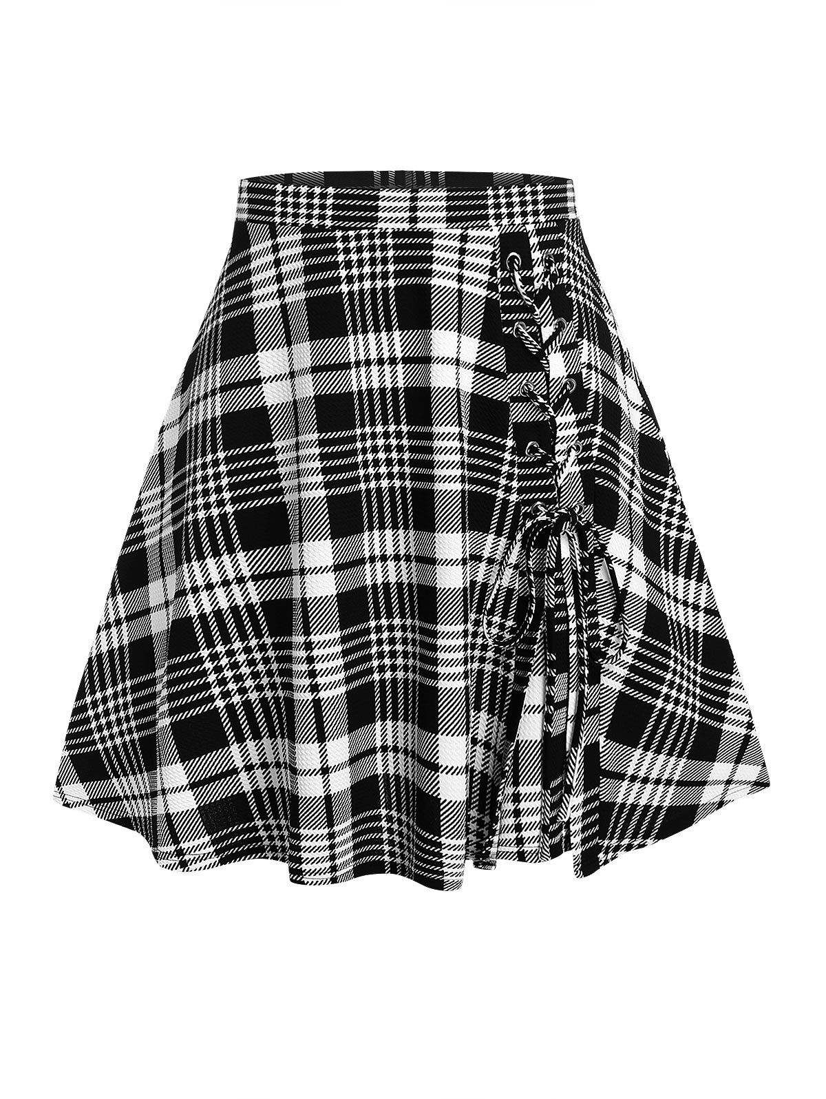Unique Plus Size & Curve Lace Up Plaid Mini Skirt  