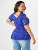 T-shirt en Dentelle Transparente de Grande Taille à Col Plongeant - Bleu L