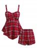 Ensemble de Short Pyjama Fendu à Carreaux de Grande Taille avec Nœud Papillon - Rouge 5X