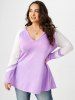Plus Size Plunge Raglan Sleeve Two Tone T-shirt -  