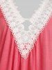 Plus Size Lace Panel Plunging Neck Tee -  