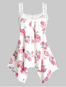 Plus Size & Curve Floral Print Lace Crochet Handkerchief Tank Top - WHITE - 2X