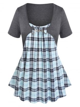 Plus Size & Curve Plaid Twofer Chain Embellished Skirted Tee