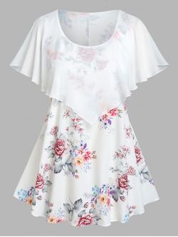 Plus Size & Curve Ruffled Overlay Floral Print Tee - WHITE - L