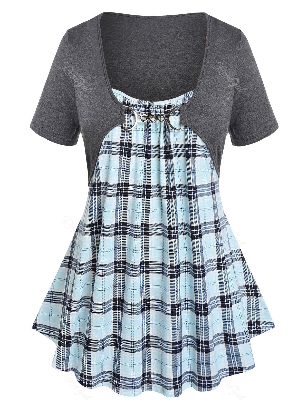 Chic Plus Size & Curve Plaid Twofer Chain Embellished Skirted Tee  