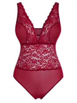 Plus Size Scalloped Lace Sheer Mesh Lingerie Teddy - RED - 2XL