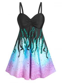 Plus Size Octopus Print Ruched Modest Swim Dress Set - MULTI - L