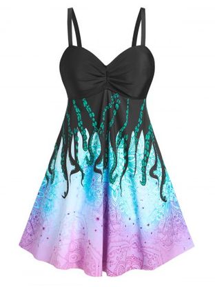 Plus Size Octopus Print Ruched Modest Swim Dress Set