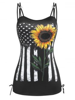 Plus Size & Curve Lace Up American Flag Sunflower Print Tank Top - BLACK - L | US 12