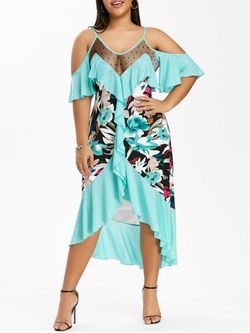 Plus Size Cold Shoulder Ruffle Floral Print Dress - CELESTE - L