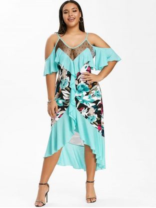 Plus Size Cold Shoulder Ruffle Floral Print Dress