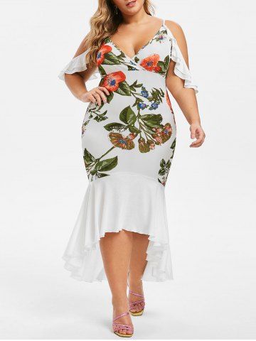 Plus Size Cold Shoulder High Low Floral Maxi Fishtail Dress - WHITE - 2X
