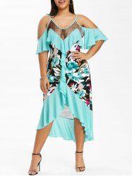 Plus Size Cold Shoulder Ruffle Floral Print Dress -  