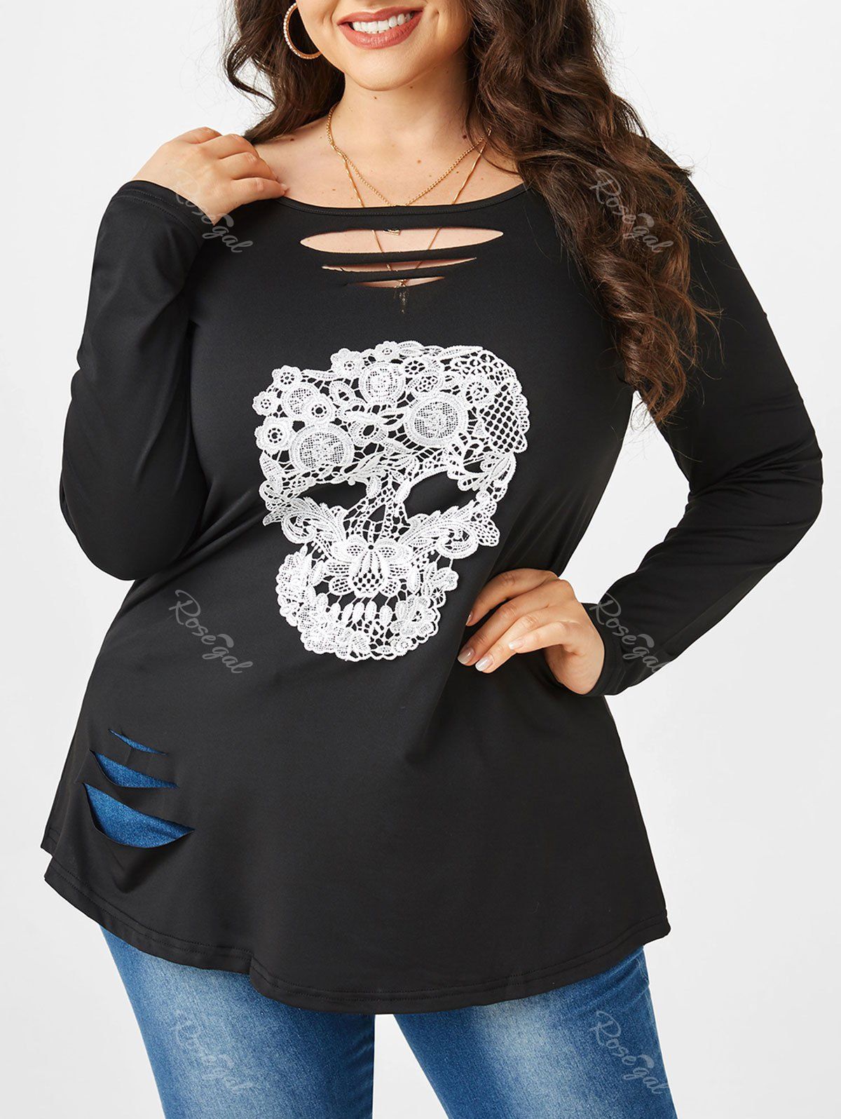 T-shirt D'Halloween Déchiré Crâne en Dentelle de Grande Taille Noir 5X