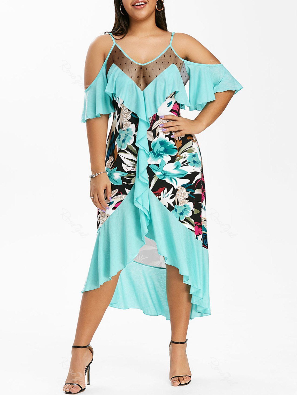 Cheap Plus Size Cold Shoulder Ruffle Floral Print Dress  