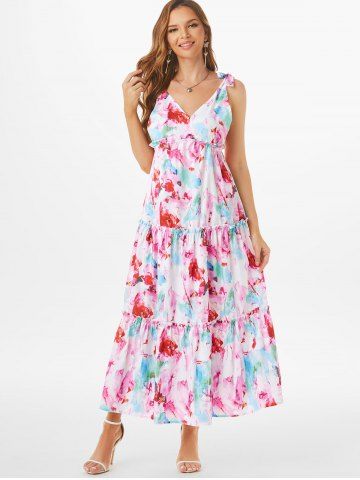 Watercolor Flower Tie Strap Long Tiered Dress - LIGHT PINK - S