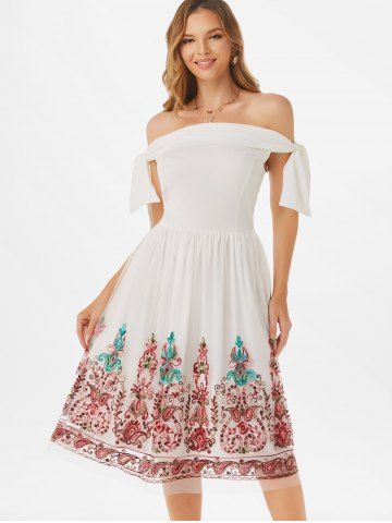 Off Shoulder Floral Embroidered Mesh Overlay Knotted Dress - WHITE - S