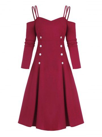 Sailor-style Open Shoulder Long Sleeve Dress - RED - S